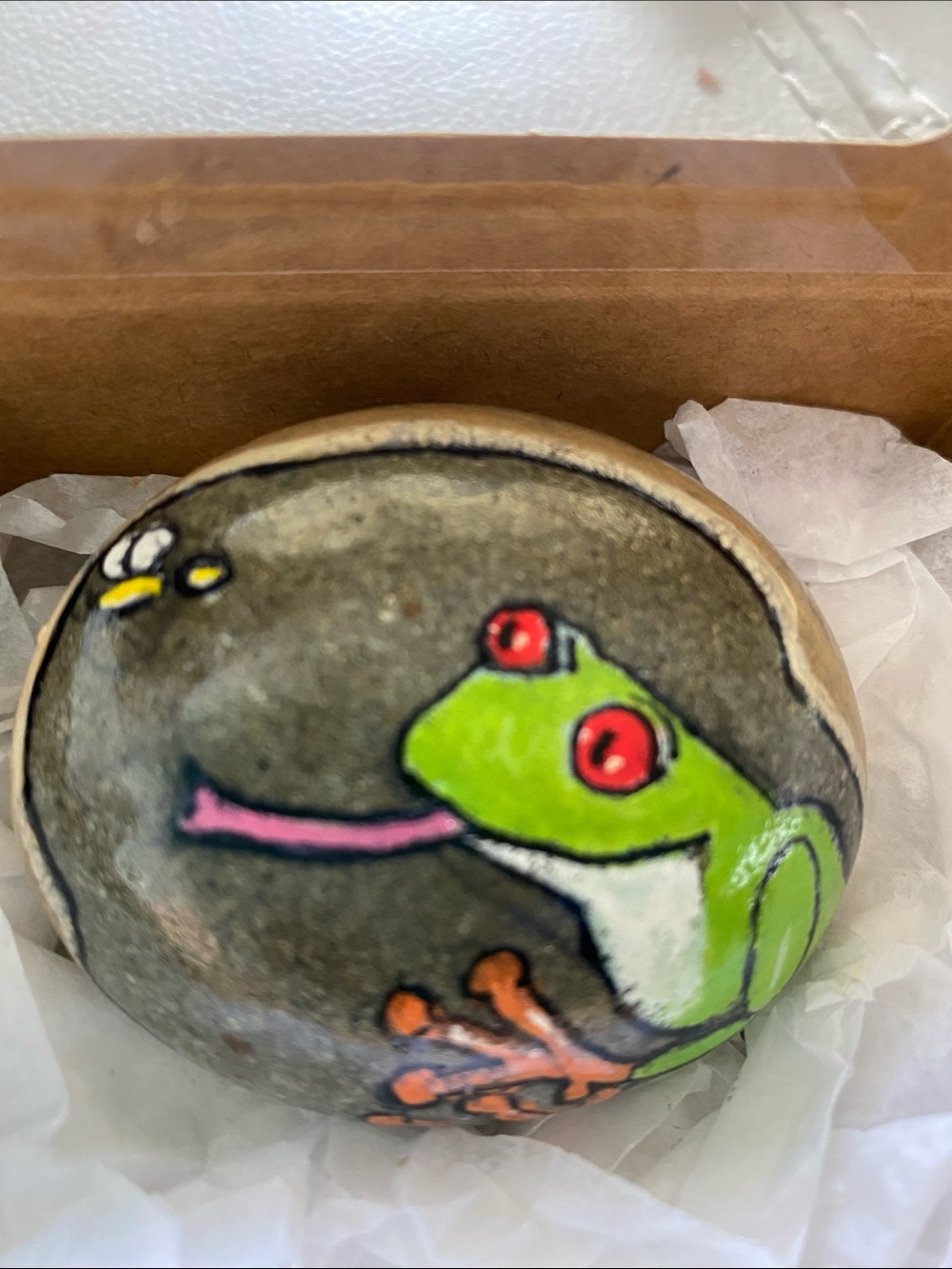 Rock Art Hand Painted frog with insect on Natural Stone